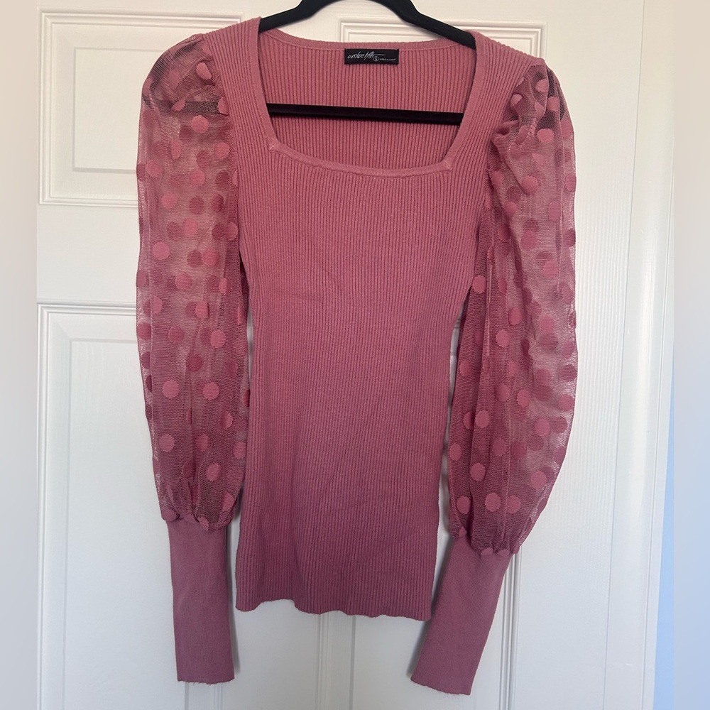 Dusty Rose Puff Sleeve Dot Mesh Longsleeve Sweater